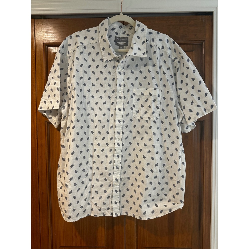 Falls Creek Mens XXL White Navy Feather Cotton Linen No Tuck Button Up Shirt